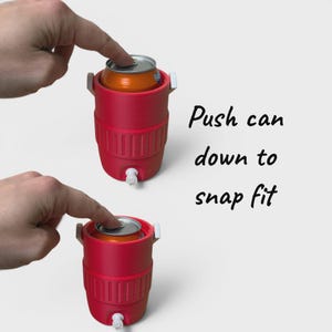 May include: Two red can coolers with white handles and a small spigot at the bottom. Each cooler holds an orange soda can. The text on the image reads: "Push can down to snap fit."