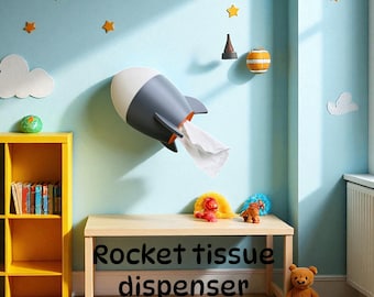 Rocket Tissue Dispenser – Wall Mounted or Desk – Fun Refillable Holder for Kids Room, Nursery, Kitchen, Space Themed Decor