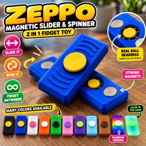 Op de afbeelding: Een blauw rechthoekig fidget-speeltje met een gele middelste knop en magnetische schuiffuncties. Het speelgoed bevat echte kogellagers en sterke magneten. De tekst ZEPPO MAGNETIC SLIDER & SPINNER 2 IN 1 FIDGET TOY is zichtbaar, samen met een rij van verschillende gekleurde versies.
