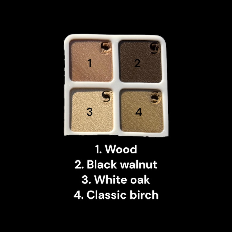 May include: A palette of four eyeshadows in shades of brown, beige, and light brown. The shades are labeled 1. Wood, 2. Black walnut, 3. White oak, and 4. Classic birch.