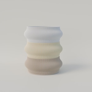 Può includere: Tre vasi in ceramica impilati e a coste in una palette di colori neutri. Il vaso superiore è azzurro, quello centrale è giallo pallido e quello inferiore è beige-marrone. I vasi hanno una forma ondulata unica e una texture a coste verticali.