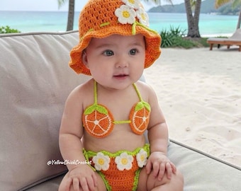 Crochet Baby Bikini Fruit Swimsuit, Toddler Girl Summer Swimwear,Handmade Cotton Baby Bathing Suit,Orange Fruit Bikini,Beach Vacation Outfit