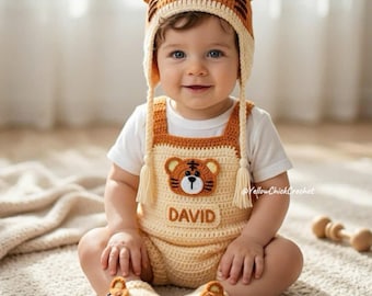Conjunto de pelele de bebé de ganchillo personalizado con diseño de tigre, conjunto para recién nacido con nombre personalizado, disfraz de bebé tejido a mano, conjunto para el primer cumpleaños, regalo para baby shower.