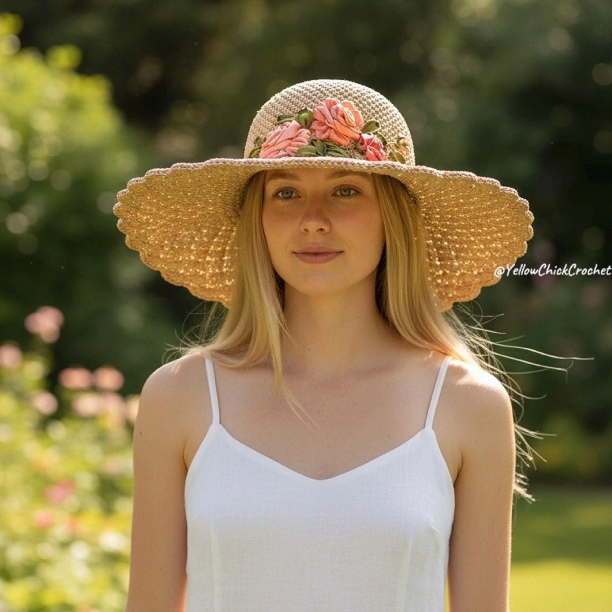 Vintage Boho 70s 80s Cottagecore Straw Sun Hat with Green Striped Ribbon - EUC Vintage Straw Sun Hat With Floral Ribbon, Ruffled Bow 80s  main image 4