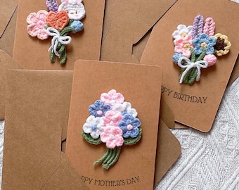 Handmade Greeting Card with Crochet Flower Bouquet, Birthday Card, Mother&#39;s Day Card, Thank You, Wedding, Memorials, Handmade Card