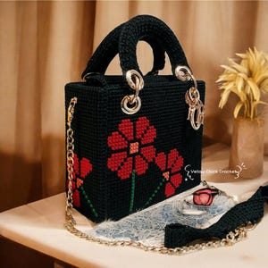 Elegant Rose Bag, Handmade Crochet Handbag, Black Red Purse,Floral Top Handle Bag, Vintage Style, Night out, Mother&#39;s Day Gift,Birthday Gift