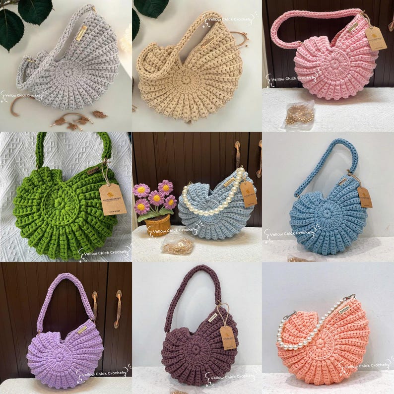 May include: A collection of handmade crochet handbags in various colors, including gray, beige, pink, green, blue, purple, and peach. Each bag features a unique shell-like design with a handle. Some bags have pearl accents.