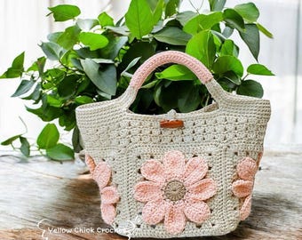 Tote bag, Crochet Granny square bag, handmade handle bag, pink flower summer beach bag, birthday gift, gift for her, Valentine Gifts