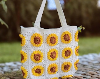 Bolso cuadrado de ganchillo con girasoles, bolso de mano hecho a mano con flores amarillas, color personalizado, bolso de Año Nuevo, bolso de Navidad, regalo navideño