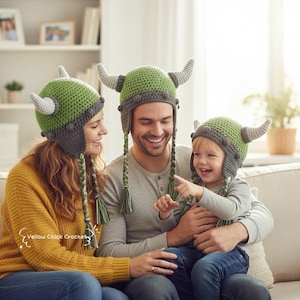 Family Viking Hats – Handmade Crochet Helmets for Kids & Adults, Matching Cotton Beanies, Unique Winter Gift