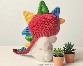 Virkad dinosauriehatt Google Colors, handgjord bomullsmössa för baby, barn och vuxna | Halloweenkostym, familjeoutfit, varmare mössa, jul