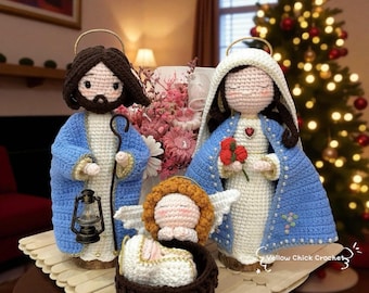 Holy Family Crochet Set, Blue Nativity Crochet, Handmade Prayer Decor, Catholic Gift, Nativity Scene Display, Christmas Home Decoration