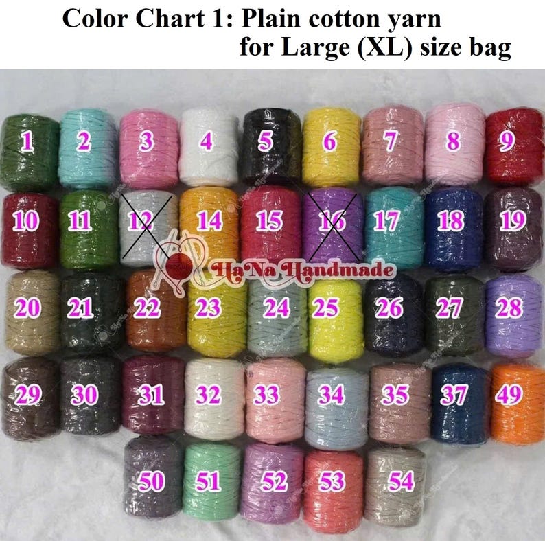 May include: Color chart of plain cotton yarn for large bags. The image displays 36 spools of yarn in various colors, each labeled with a number. Colors range from green, pink, and yellow to blue, purple, and brown. The text "Ha Na Handmade" is also visible.