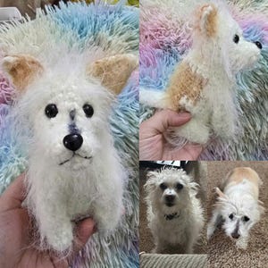 May include: Three white crocheted dog toys. The first toy is a small dog with a tan face and tan ears. The second toy is a larger dog with a white face and white ears. The third toy is a real dog with white fur and a wet appearance.