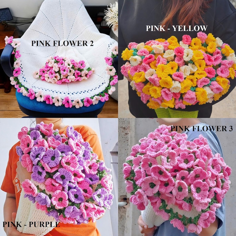 K&ouml;nnte beinhalten: Eine Sammlung handgefertigter H&auml;kelblumenarrangements in verschiedenen Farben. Die Arrangements umfassen rosa, gelbe und lila Blumen. Ein Arrangement befindet sich auf einer wei&szlig;en Stuhlabdeckung mit dem Text "PINK FLOWER 2".