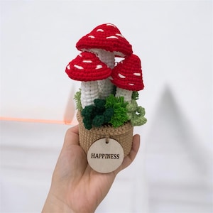 May include: A crocheted mushroom planter with three red and white mushrooms in a brown pot with green foliage. The pot has a wooden tag that says "Happiness".