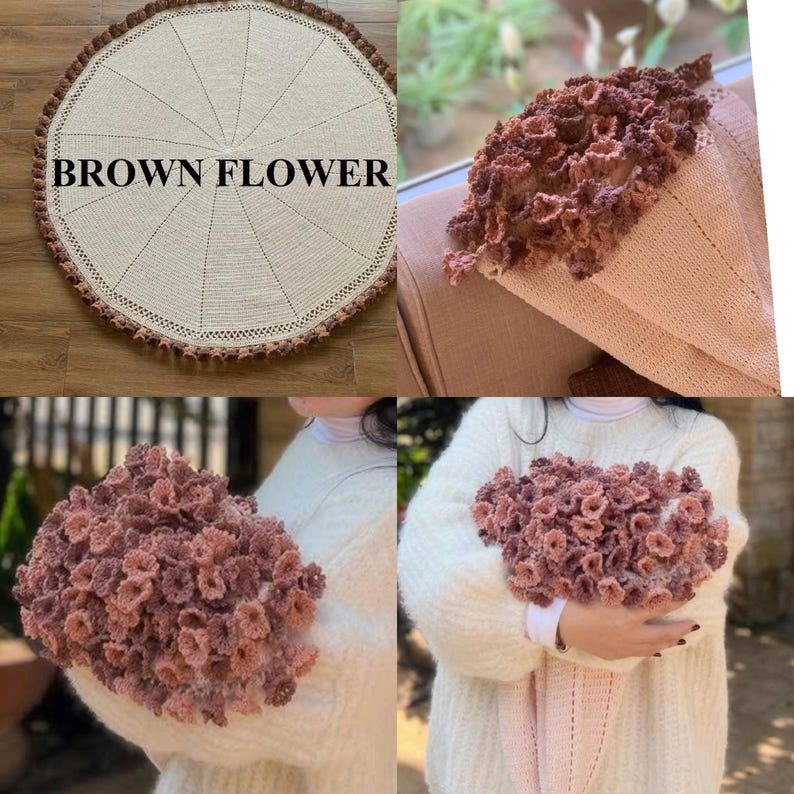 K&ouml;nnte beinhalten: Eine Sammlung handgefertigter Artikel, darunter ein runder, beigefarbener Teppich mit braunem Rand und dem Text "BROWN FLOWER". Gezeigt werden auch Str&auml;u&szlig;e aus braunen geh&auml;kelten Blumen, m&ouml;glicherweise f&uuml;r Heimdekoration oder Bastelarbeiten.