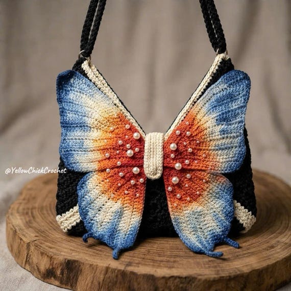 Handmade Crochet Butterfly Bag,Aesthetic Black Shoulder Bag for Women,Adjustable Strap Boho Purse,Nature Lover Gift,Cute Cottagecore Handbag