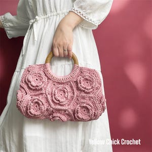 Sac rose élégant, sac à main au crochet fait main, sac à main rose pastel, sac floral à poignée supérieure, style vintage, cadeau de luxe pour femme