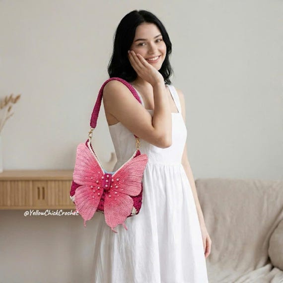 Pink Butterfly Bag,Crochet Shoulder Bag,Aesthetic Purse,Cute Handbag with Adjustable Strap,Fairycore Nature Lover Gift for Her,Custom Bag