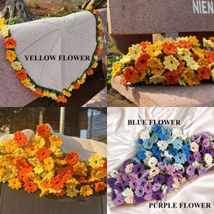 K&ouml;nnte beinhalten: Geh&auml;kelte Blumenarrangements in Gelb, Orange, Blau und Lila. Eines ist halbkreisf&ouml;rmig mit dem Text "YELLOW FLOWER". Andere sind rechteckig und oval. Die Blumen sind in verschiedenen Farbt&ouml;nen.