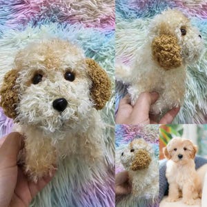 May include: Three plush toy dogs in various poses. The dogs are white with brown fur accents. The dogs are made of soft, fluffy material.