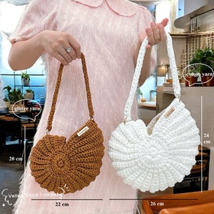 May include: Two handmade crochet bags. One is brown, made with glitter yarn, measuring 20 cm high and 22 cm wide. The other is white, made with cotton yarn, measuring 24 cm high and 26 cm wide. Both have braided handles.