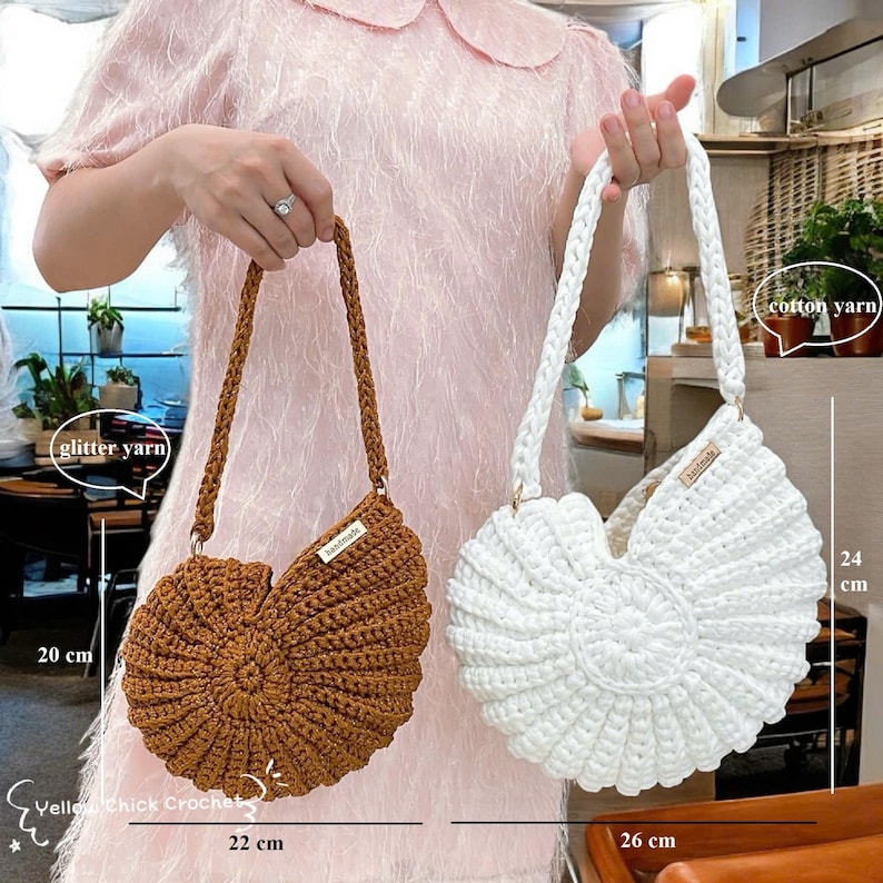 May include: Two handmade crochet bags. One is brown, made with glitter yarn, measuring 20 cm high and 22 cm wide. The other is white, made with cotton yarn, measuring 24 cm high and 26 cm wide. Both have braided handles.