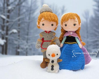 Muñecas de Frozen tejidas a crochet, hechas a mano en algodón: Anna, Elsa, Kristoff y Olaf. Muñeca para bebé. Muñeca de princesa.