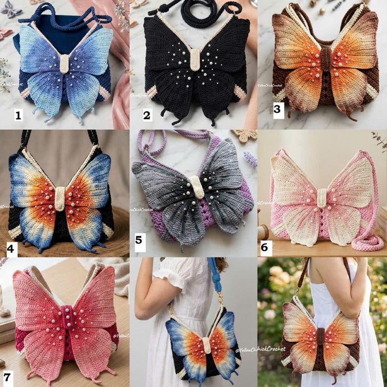 May include: A collection of nine crochet butterfly-shaped crossbody bags in various colors including blue, black, orange, grey, and pink. Each bag features a central butterfly wing design adorned with small white pearls and a matching shoulder strap.