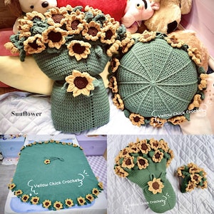 K&ouml;nnte beinhalten: Eine Sammlung handgefertigter H&auml;kelartikel mit Sonnenblumen-Motiv. Das Set umfasst einen gr&uuml;nen vasenf&ouml;rmigen Gegenstand mit Sonnenblumen-Akzenten, ein rundes Kissen mit Sonnenblumenrand, eine Decke und einen Blumenstrau&szlig;. Der Text "Sunflower" ist sichtbar.