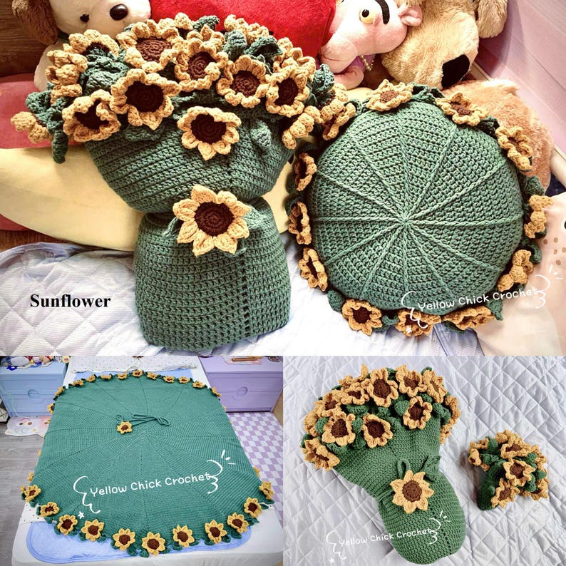 K&ouml;nnte beinhalten: Eine Sammlung handgefertigter H&auml;kelartikel mit Sonnenblumen-Motiv. Das Set umfasst einen gr&uuml;nen vasenf&ouml;rmigen Gegenstand mit Sonnenblumen-Akzenten, ein rundes Kissen mit Sonnenblumenrand, eine Decke und einen Blumenstrau&szlig;. Der Text "Sunflower" ist sichtbar.