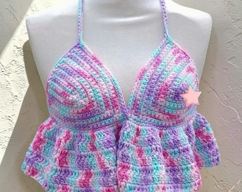 Purple Pastel Crochet Crop Top, Halter Tie Boho Top, Handmade Summer Crochet Bralette, Adjustable Tie Back Top, Festival Outfit, Beachwear