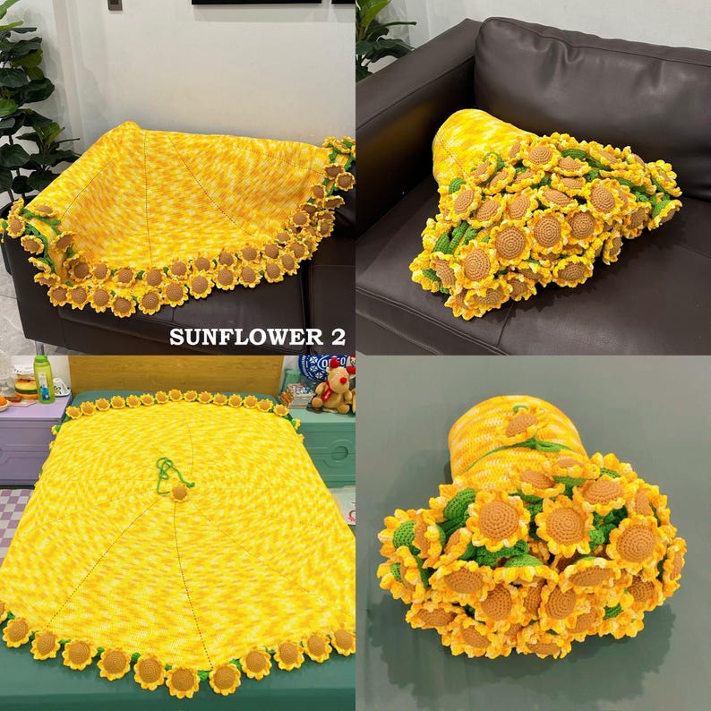 Gehäkelte Decke, handgemachte Sonnenblume Decke, Hochzeitsgeschenk, Geburtstagsgeschenk, Häkelblume Decke, Sonnenblume Decke, Baby Geschenk, Rose Decke Sunflower V2