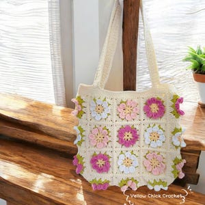 Blumen Tragetasche, Floral Tasche, Häkeln Oma quadratische Tasche, handgemachte Schultertasche, Rosa Blume Sommer Strand Geschenk, Muttertagsgeschenk, Ostergeschenk