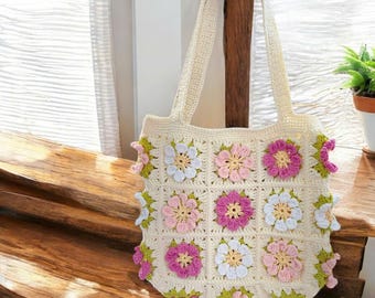 Blumen Tragetasche, Floral Tasche, Häkeln Oma quadratische Tasche, handgemachte Schultertasche, Rosa Blume Sommer Strand Geschenk, Muttertagsgeschenk, Ostergeschenk