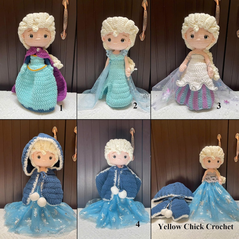 Pu&ograve; includere: Una collezione di sei bambole all'uncinetto fatte a mano, ognuna raffigurante un personaggio con i capelli biondi e vari abiti. Le bambole sono in pose diverse e indossano abiti, mantelli e giacche nei toni del blu, viola e bianco. Il testo "Yellow Chick Crochet" &egrave; visibile.