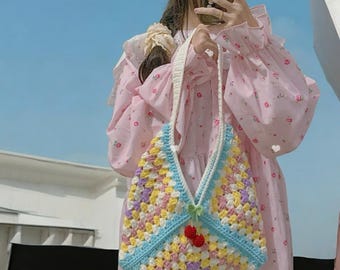 Crochet Granny Square Shoulder Bag, Handmade Purse with Cherry Charm, Valentine Gift, Gift for her, Birthday Gift, Pastel crochet bag