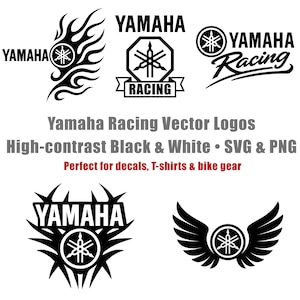 Puede incluir: Una colección de logotipos vectoriales Yamaha Racing en blanco y negro. Los diseños incluyen el logotipo de Yamaha con llamas, un hexágono, un círculo y alas. El texto incluye "Yamaha Racing Vector Logos" y "Perfect for decals, T-shirts & bike gear."