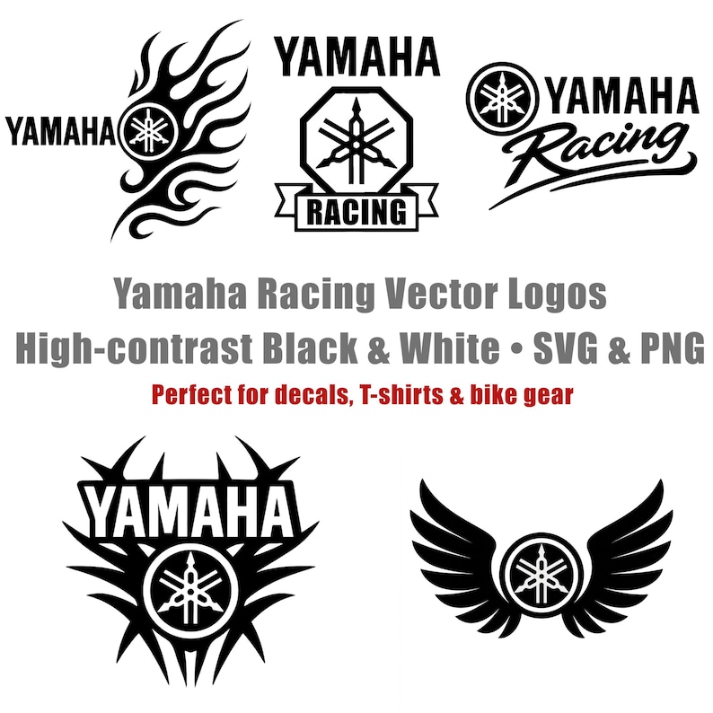 Pu&ograve; includere: Una collezione di loghi vettoriali Yamaha Racing in bianco e nero. I disegni includono il logo Yamaha con fiamme, un esagono, un cerchio e ali. Il testo include "Yamaha Racing Vector Logos" e "Perfect for decals, T-shirts & bike gear."
