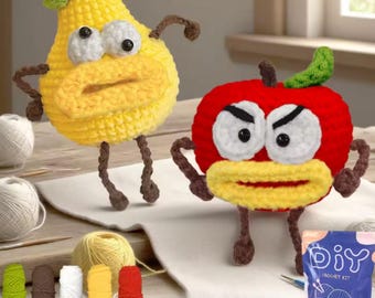 Fruit Crochet Kit for Beginners | Angry Apple & Silly Pear Amigurumi DIY Set | Cute Plush Yarn Craft Kit with Tools and Instructions