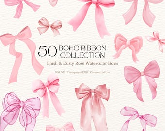 50 Blush Pink Bow Clipart Bundle – Boho Watercolor Ribbon SVG & PNG, Dusty Rose Aesthetic, 300 DPI, Transparent