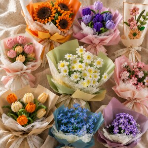 May include: A collection of nine distinct crochet flower bouquets wrapped in decorative paper. The arrangements feature sunflowers, purple tulips, pink tulips, white daisies, orange and yellow tulips, blue forget-me-nots, and various small floral clusters.