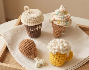 Crochet Food Kit for Beginners | DIY Amigurumi Coffee Ice Cream Chicken Beer Plush Set | Yarn Starter Kit with Tools | Cute Craft Gift Idea