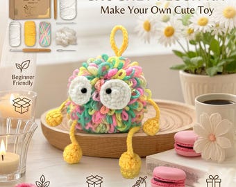 Fluffy Monster Crochet Kit for Beginners | DIY Loop Yarn Plush Craft | Easy Amigurumi Kit with Colorful Yarn, Tools & Instructions