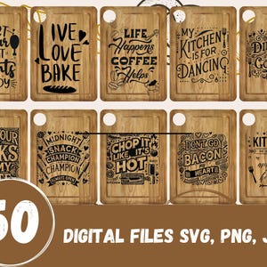 May include: Set of 10 digital cutting files for kitchen themed cutting boards. The files include various kitchen-related sayings and designs, such as "Get your fat pants ready", "Live love bake", "Life happens coffee helps", "My kitchen is for dancing", "Dinner is coming", "Keep your forks off my plate", "Midnight snack champion", "Chop it like it's hot", "Don't go bacon my heart", and "Kitchen the best of times majestic kitchen".