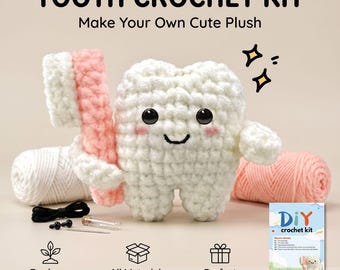 Tooth Crochet Kit for Beginners | Cute Tooth & Toothbrush Amigurumi DIY Set | Plush Yarn Craft Kit with Tools, Instructions, Video Guide