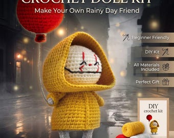 Pennywise Crochet Kit for Beginners | Cute Clown Amigurumi DIY Set with Yellow Raincoat & Red Balloon | Halloween Plush Yarn Craft Kit