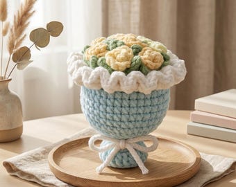 Crochet Flower Bouquet Kit for Beginners | DIY Plush Yarn Flower Pot Craft | Easy Handmade Gift, Soft Chenille Crochet Set for Adults & Kids