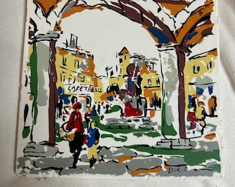 Vintage Hand-Painted Italian Ceramic Art Tile — Signed DARIO — Mid-Century Street Scene